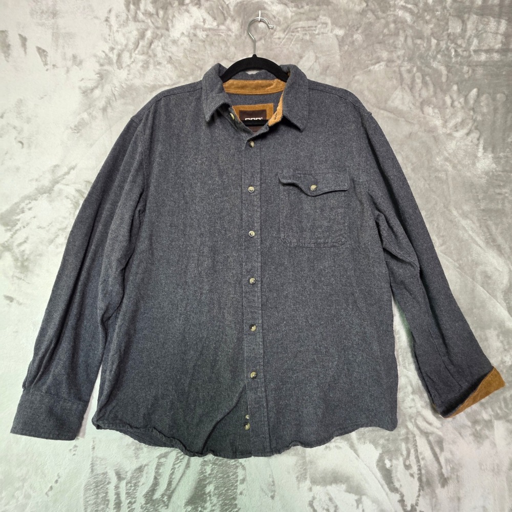 CQR Mens Large Gray Flannel Button Down Shirt Corduroy Trim Heavy Cotton 1135
